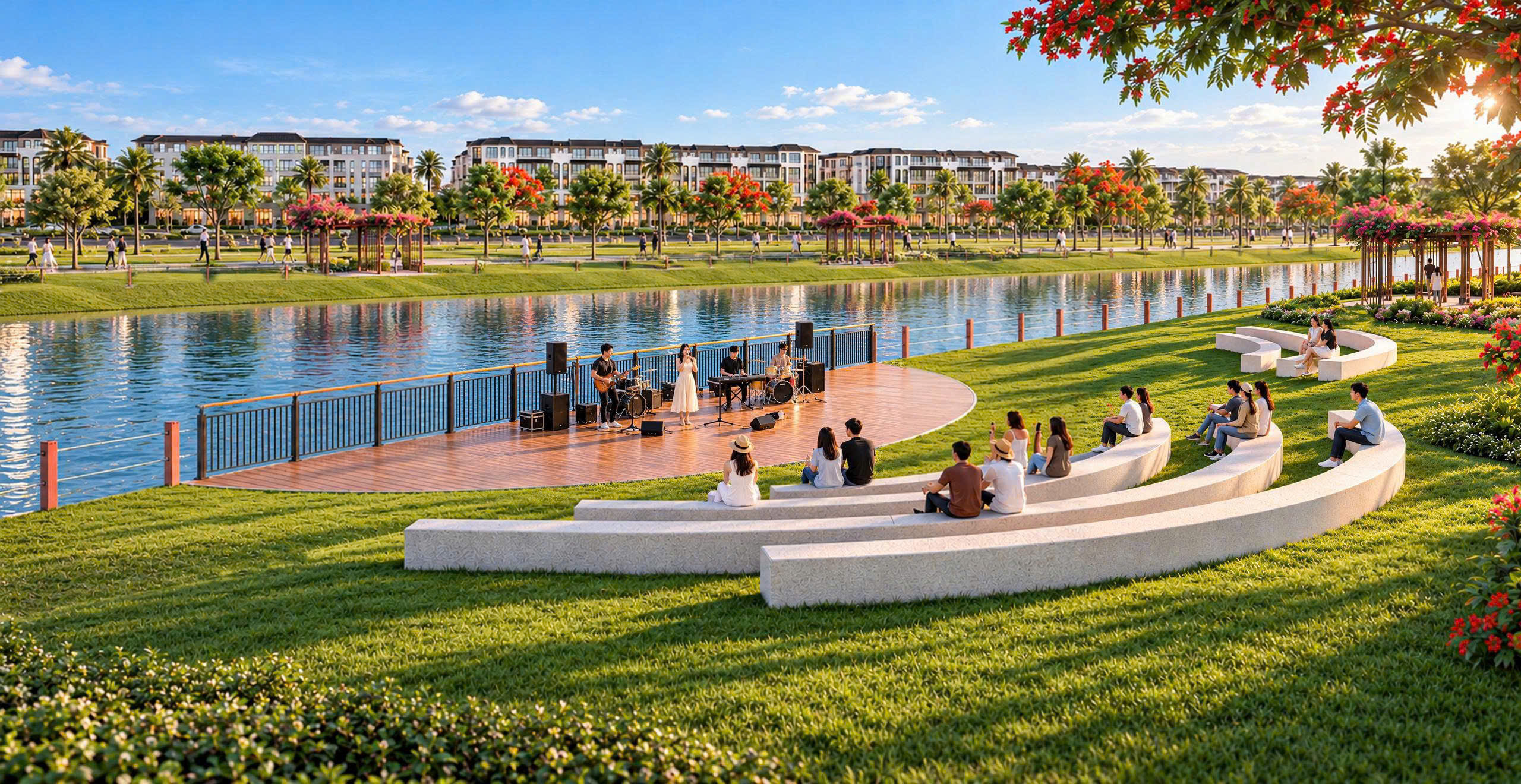 Phối cảnh sân khấu ngoài trời và không gian cộng đồng ven hồ Vinhomes King Park
