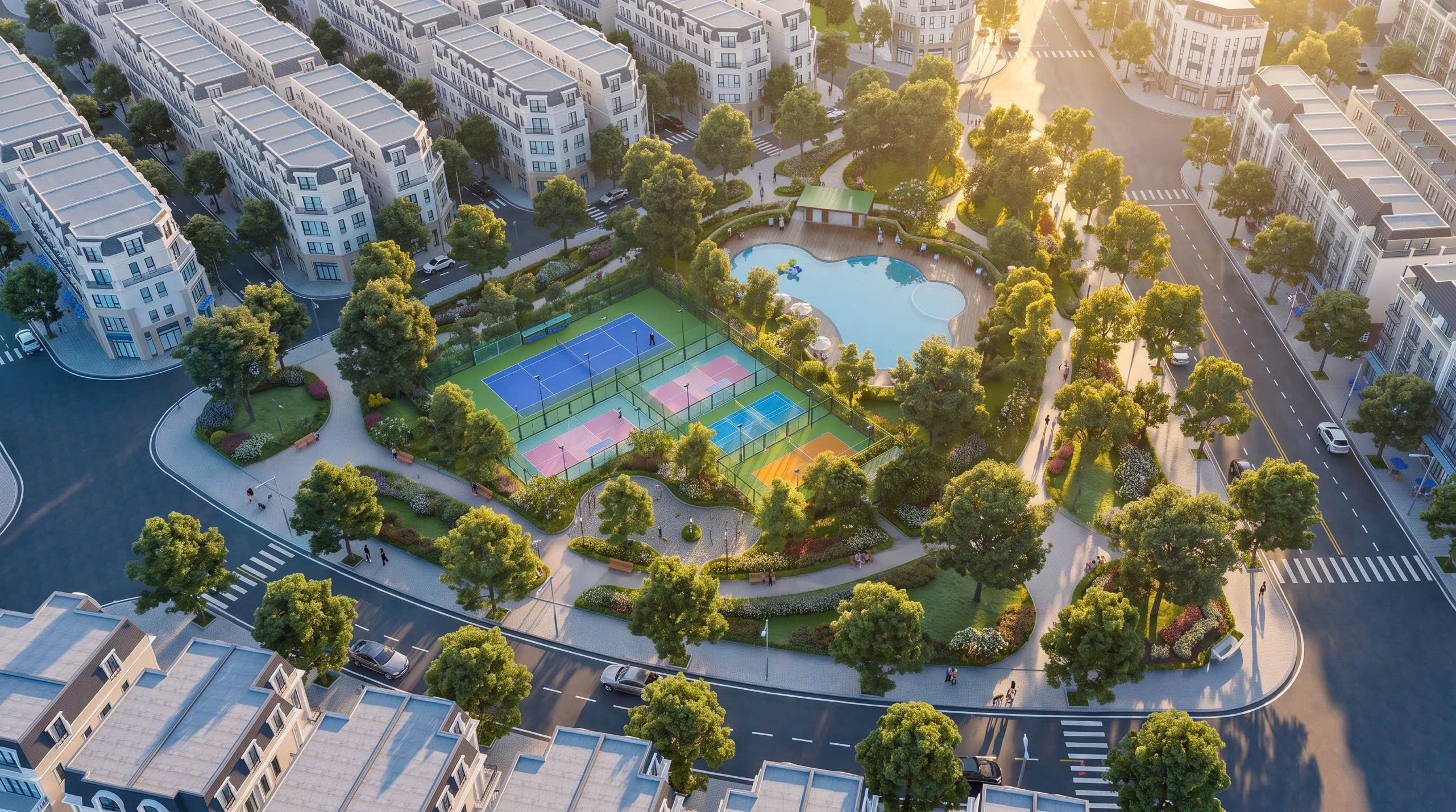 Phối cảnh hồ bơi ngoài trời kết hợp cây xanh tại Vinhomes King Park