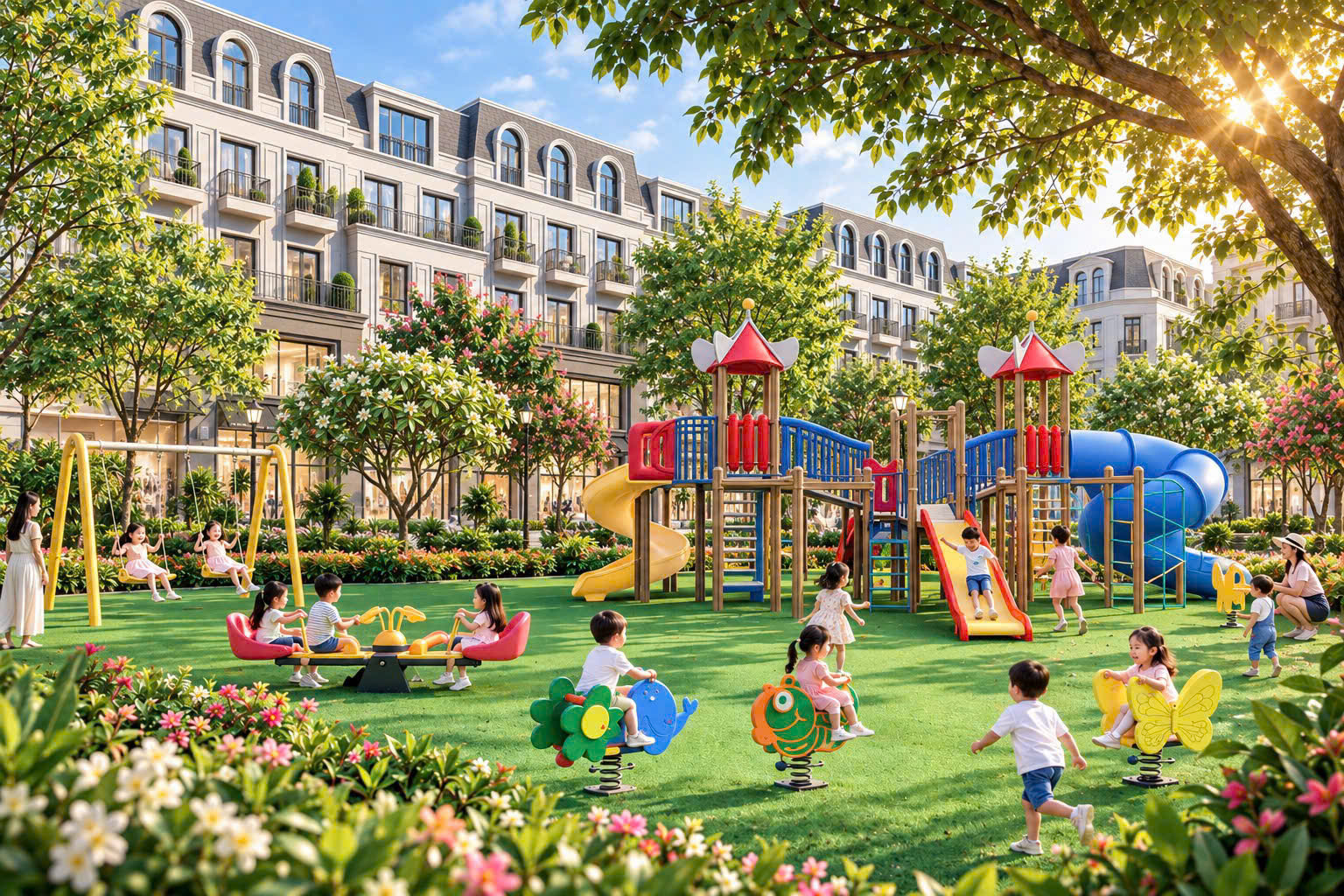 Phối cảnh khu vui chơi trẻ em giữa các dãy nhà thấp tầng Vinhomes King Park